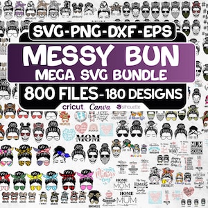 Paquete SVG de moño desordenado, calavera de mamá, vida de mamá, gafas, mujeres afro, mamá estadounidense, moño, clipart para Cricut Silhouette