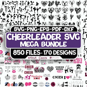 May include: A collection of black and white cheerleader-themed SVG files. The image includes silhouettes of cheerleaders, hearts, and text such as "Cheer Mom" and "Cheerleader SVG Mega Bundle." The bundle contains 850 files and 170 designs.