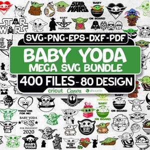 Può includere: Una collezione di design SVG di Baby Yoda. L'immagine include il testo "BABY YODA MEGA SVG BUNDLE 400 FILES - 80 DESIGN" in uno striscione verde. I design sono in bianco, nero e verde.