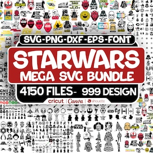 Könnte beinhalten: Eine Sammlung von Star Wars-Themen-SVG-Dateien, einschließlich verschiedener Charaktere und Logos. Das Bild zeigt den Text "STARWARS MEGA SVG BUNDLE" mit 4150 Dateien und 999 Designs, kompatibel mit Cricut, Canva und Silhouette.