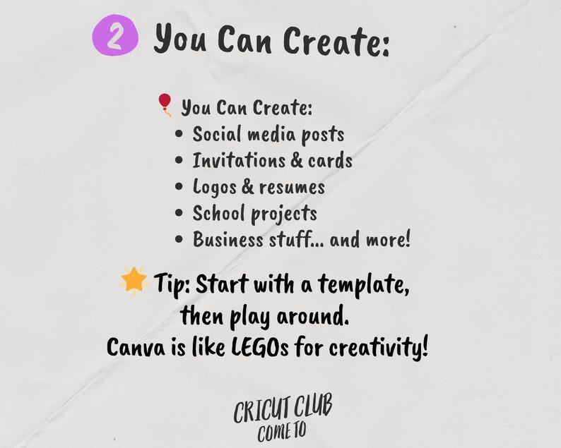 K&ouml;nnte beinhalten: Hellbeige Grafik mit dem Text "2 You Can Create:" und einer Liste kreativer Projekte, darunter Social-Media-Posts, Einladungen, Logos und Schulprojekte. Der Text "Canva is like LEGOs for creativity!" ist ebenfalls enthalten.