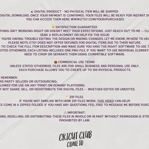 Op de afbeelding: Een informatieblad voor digitale downloads met paarse tekst op een cr&egrave;mekleurige achtergrond. De tekst bevat details over digitale downloads, tevredenheidsgaranties, commerci&euml;le gebruiksvoorwaarden en zip-bestanden. Het Cricut Club-logo staat onderaan.