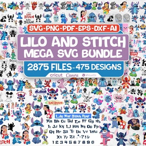 May include: A digital graphic bundle featuring numerous Lilo & Stitch designs. The image includes various illustrations of the characters, along with text that reads "Lilo and Stitch Mega SVG Bundle" and details about the number of files and designs.