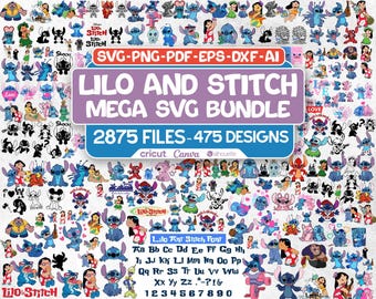 May include: A digital graphic bundle featuring numerous Lilo & Stitch designs. The image includes various illustrations of the characters, along with text that reads "Lilo and Stitch Mega SVG Bundle" and details about the number of files and designs.