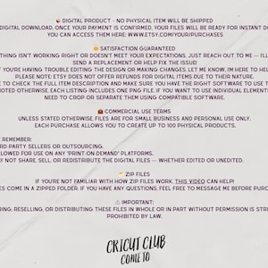May include: A digital download product information sheet with text in a purple font on a cream background. The text includes details about digital downloads, satisfaction guarantees, commercial use terms, and zip files. The Cricut Club logo is at the bottom.