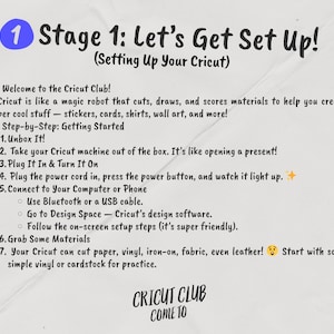 May include: A guide to setting up a Cricut machine, titled "Stage 1: Let's Get Set Up!" in black text. Instructions include unboxing, plugging in, and connecting to a computer. The Cricut Club logo is at the bottom of the page.