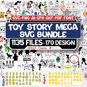 Op de afbeelding: Een digitale downloadbundel met verschillende Toy Story-personages en ontwerpen. De afbeelding bevat de tekst "TOY STORY MEGA SVG BUNDLE" met 1135 bestanden en 170 ontwerpen, plus cijfers en letters in twee stijlen. De ontwerpen zijn geschikt voor Cricut, Canva en Silhouette.