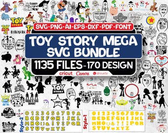 May include: A digital download bundle featuring various Toy Story characters and designs. The image includes the text "TOY STORY MEGA SVG BUNDLE" with 1135 files and 170 designs, along with numbers and letters in two styles. The designs are suitable for Cricut, Canva, and Silhouette.