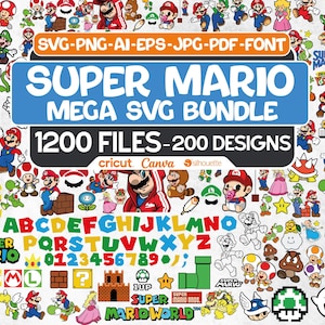 1200 枚のスーパーマリオ SVG メガバンドル、200 枚以上のユニークなレイヤーデザイン SVG バンドル、マリオ クリップアート、スーパーマリオ フォント、マリオ PNG、ルイージ SVG、クッパ SVG