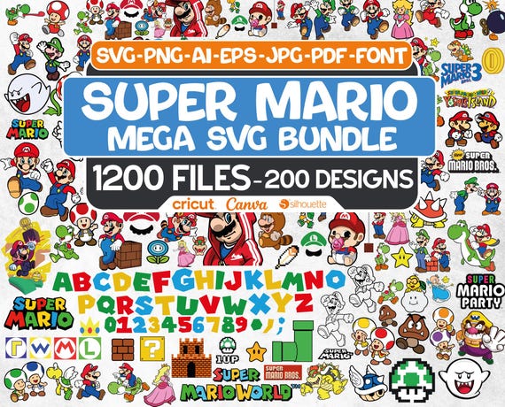 1200 Super Mario SVG Mega Bundle, 200+ Unique Layered Design Svg Bundle, Mario Clipart, Super Mario Font, Mario PNG, Luigi svg, Bowser SVG