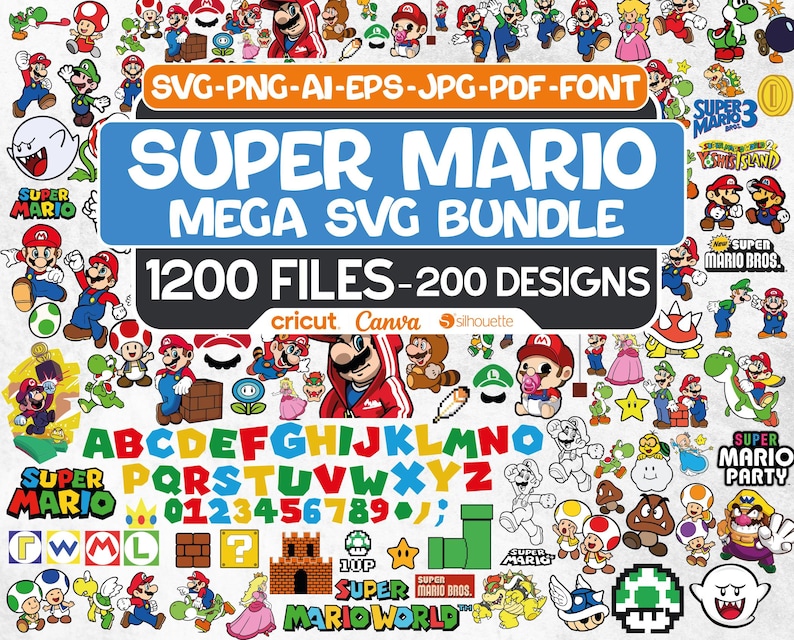 K&ouml;nnte beinhalten: Ein Super Mario SVG-Bundle mit Charakteren, Logos und einem Alphabet. Das Bild zeigt "SUPER MARIO MEGA SVG BUNDLE" mit 1200 Dateien und 200 Designs, geeignet f&uuml;r Cricut, Canva und Silhouette Schneidemaschinen.