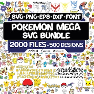 2000 Pokemon SVG-bundel, Poke Svg bundel gelaagd item, Pokemon Clipart, Pikachu Svg, Squirtle Svg, Bulbasaur Png, spelkarakter, silhouet