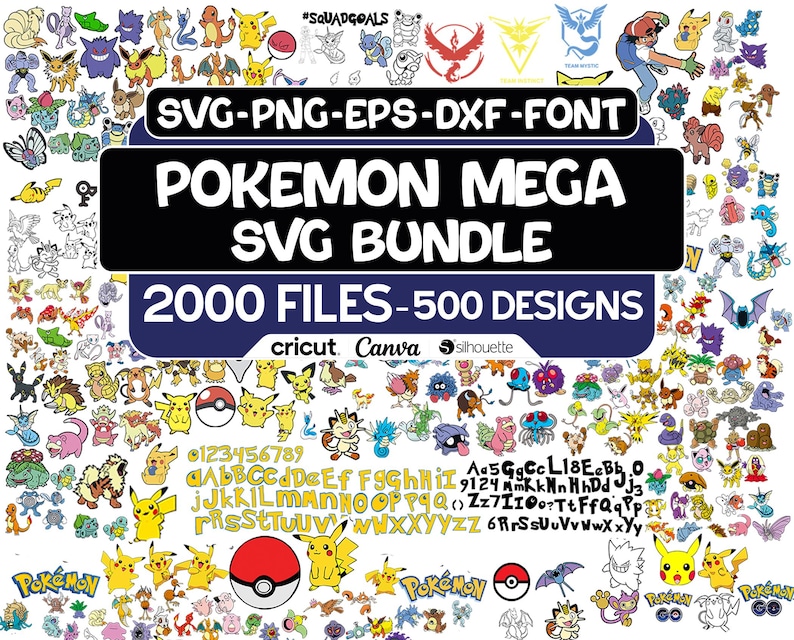 May include: A digital SVG bundle showcasing diverse Pok&eacute;mon characters and designs. The image displays the text "POKEMON MEGA SVG BUNDLE" with 2000 files and 500 designs, alongside file types such as SVG, PNG, EPS, DXF, and FONT. The image also includes the text "cricut, Canva, silhouette".