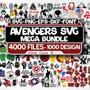 Puede incluir: Un paquete gráfico digital con diseños de superhéroes, que incluye logotipos e ilustraciones de personajes como Hulk, Capitán América y Pantera Negra. La imagen también presenta el texto "AVENGERS SVG MEGA BUNDLE".