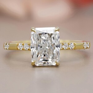 Premium Radiant Cut Moissanite Engagement Ring in Yellow Gold | Hidden Halo Ring with Side Round Diamond | Best Proposal Ring For Her
