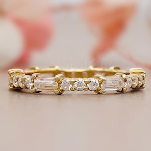 Gold Baguette Diamond Full Eternity Band | Moissanite Stackable Wedding Ring | Round & Baguette Bridal Ring | Dainty Bridal Anniversary Gift