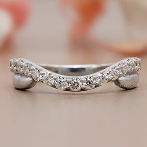 Curved Moissanite Wedding Band | 14K White Gold Contour Ring | Stacking Anniversary Band | Unique Diamond Alternative Dainty Ring For Her