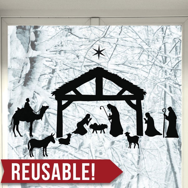 RÉUTILISABLE - Porte-fenêtre - Décorations de Noël - Décor de Noël - Crèche - Set de Nativité - Décor de Mur de Noël - Scène de Crèche