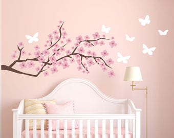 LVIN Pink Cherry Flower Blossom Floral Decal Wall Stickers For