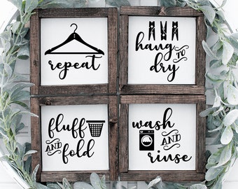 Set of four framed Laundry Room Sign with hanger, laundry basket, washer and clothespin symbol