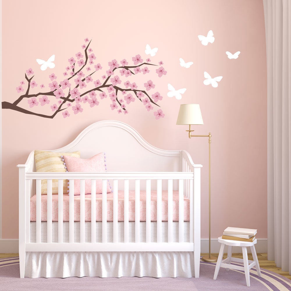 LVIN Pink Cherry Flower Blossom Floral Decal Wall Stickers For