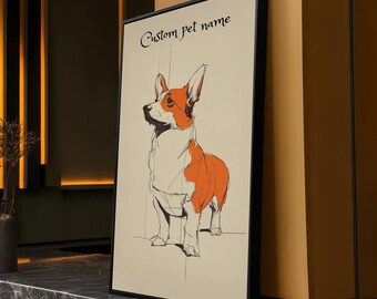 Custom Corgi Sketch Poster, Minimalist Dog Line Art, Personalized Pet Name Wall Print, Corgi Gift, Digital Download for Dog Lovers