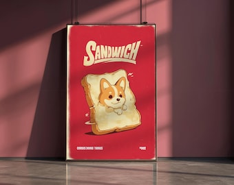 Corgi Sandwich-poster – grappige Corgi-muurkunst, Corgis Doing Things #002, retro dierenprint, schattige hond digitale kunst, cadeau voor hondenliefhebbers
