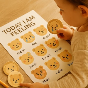 Today I Am Feeling Bear Emotions Chart for Kids | Printable Feelings Chart + Tokens | Calm Corner | Toddler Flashcards PDF