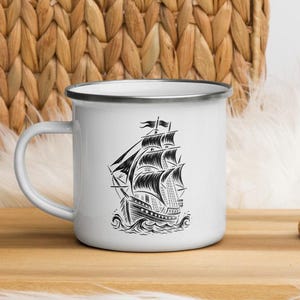 Pirate Ship Enamel Mug 12oz – Nautical Adventure Camping Cup – Vintage Ocean Design – Seafaring Travel Drinkware – Bold Maritime Style