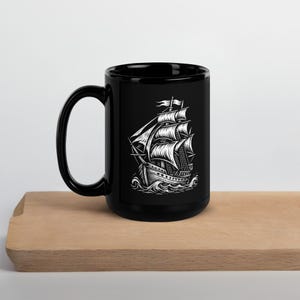 Pirate Ship Coffee Mug: Black Glossy Nautical Design