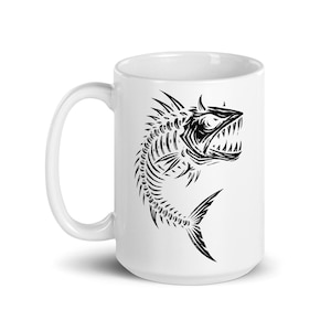Demon Fish Skeleton Mug – Bold Creepy Gothic Creature 11oz - 15oz White Ceramic Coffee Cup