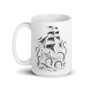 Kraken Pirate Ship Mug – Bold Sea Monster 11oz - 15oz White Ceramic Nautical Coffee Cup