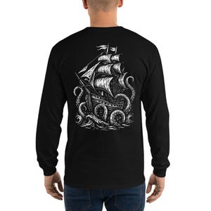 Pirate Ship Kraken White Design Long Sleeve Shirt – Black Nautical Graphic Tee – Sea Monster Shirt – Bold Ocean Design – Marine Streetwear