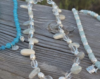 Clear Quartz, Moonstone & Pearl Beaded Necklace