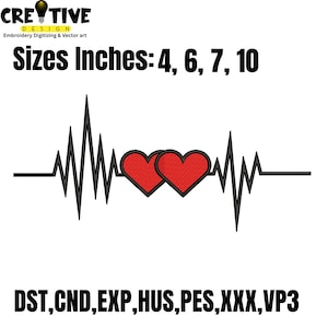 Puede incluir: Diseño bordado en negro y rojo con una línea de latidos de corazón y dos corazones rojos. Disponible en tamaños de 10.16, 15.24, 17.78 y 25.4 cm. La imagen incluye el texto "CREATIVE DESIGN" y varios formatos de archivo.