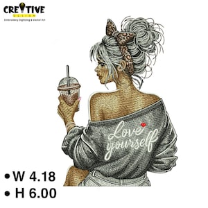May include: Embroidered design featuring a woman with gray hair and a leopard print headband, holding a coffee drink. The design includes the text "Love yourself" and measures 4.18 inches wide by 6.00 inches high.