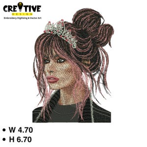 Può includere: Design ricamato di una donna con capelli scuri raccolti in uno chignon, accentuati da riflessi rosa e una tiara argentata. La donna indossa una giacca nera e un top grigio. Il design è largo 11,94 cm e alto 17,02 cm.