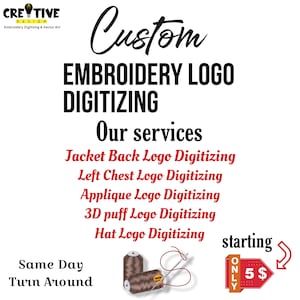 May include: A graphic promoting embroidery logo digitizing services. The image features the text "Custom EMBROIDERY LOGO DIGITIZING" and lists services like jacket back and hat logo digitizing. It also includes the text "Same Day Turn Around."