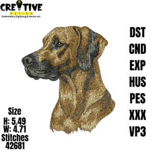 Puede incluir: Diseño bordado de una cabeza de perro en tonos marrones y negros. El diseño incluye el texto "CREATIVE DESIGN" y detalles de tamaño: Altura 13,94 cm, Ancho 11,96 cm, y 42681 puntadas. También incluye abreviaturas de tipo de archivo.