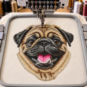 May include: A detailed machine embroidery design of a pug dog face centered in a rectangular gray embroidery hoop. The pug features tan and black fur, brown eyes, and a bright pink tongue visible against a light cream-colored fabric background.