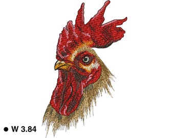 May include: Embroidered rooster head with red comb and wattle, yellow beak, and detailed feathering. The design includes the text "CREATIVE DESIGN" and "Embroidery Digitizing & Vector Art". The rooster is 3.84 inches wide and 6.32 inches high.