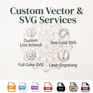 May include: A graphic advertisement for Custom Vector & SVG Services featuring four circular icons representing Custom Line Artwork, One Color SVG, Full Color SVG, and Laser Engraving. Below are seven file format icons: AI, PSD, SVG, PDF, JPG, DXF, and PNG.