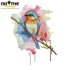 May include: Colorful embroidered bird perched on a branch with red, green, and orange accents. The background features a watercolor-style wash of pink, blue, and yellow. The text "CREATIVE DESIGN Embroidery Digitizing & Vector Art" is at the top.