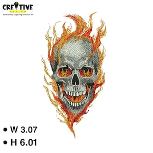 May include: Embroidered skull design with flames in shades of orange and yellow. The skull has a gray colour with detailed stitching. The design is 7.8 cm wide and 15.3 cm high. The text "CREATIVE DESIGN" is at the top.