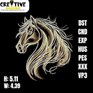 May include: An embroidered horse head design in gold and white thread on a black background. The design includes the text "CREATIVE DESIGN" and measurements of 5.11 inches high and 4.39 inches wide.