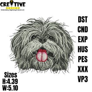 May include: An embroidered design of a fluffy, gray and white dog with its tongue sticking out. The design includes the text "CREATIVE DESIGN" and "Embroidery Digitizing & Vector art". The dog's dimensions are 4.39 inches high and 5.10 inches wide.