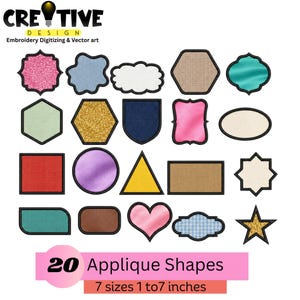 Puede incluir: Una colección de 20 formas de aplique diversas con varias texturas, colores y patrones, cada una delineada en negro. La imagen incluye el texto Creative Design Embroidery Digitizing & Vector art y 20 Applique Shapes 7 sizes 1 to 7 inches.
