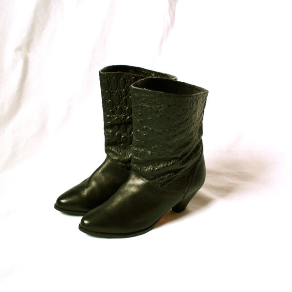 black leather western heeled calf boots size 6