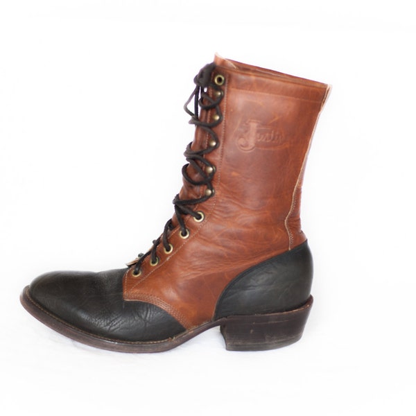 men's Justin two toned brown black lace and hook roper boots size 7.5