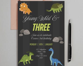 Dinosaur Third Birthday Invitation: Young, Wild & Three (Digital Template)
